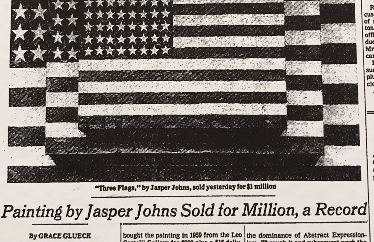 FarkasMatt's tweet photo. Jasper Johns on exuberant patriotism, blinding nationalism, or something else? at least the Whitney got a good deal back in ‘80. mega #jasperjohns retrospective @whitneymuseum #threeflags https://t.co/jK3QPRkIFt