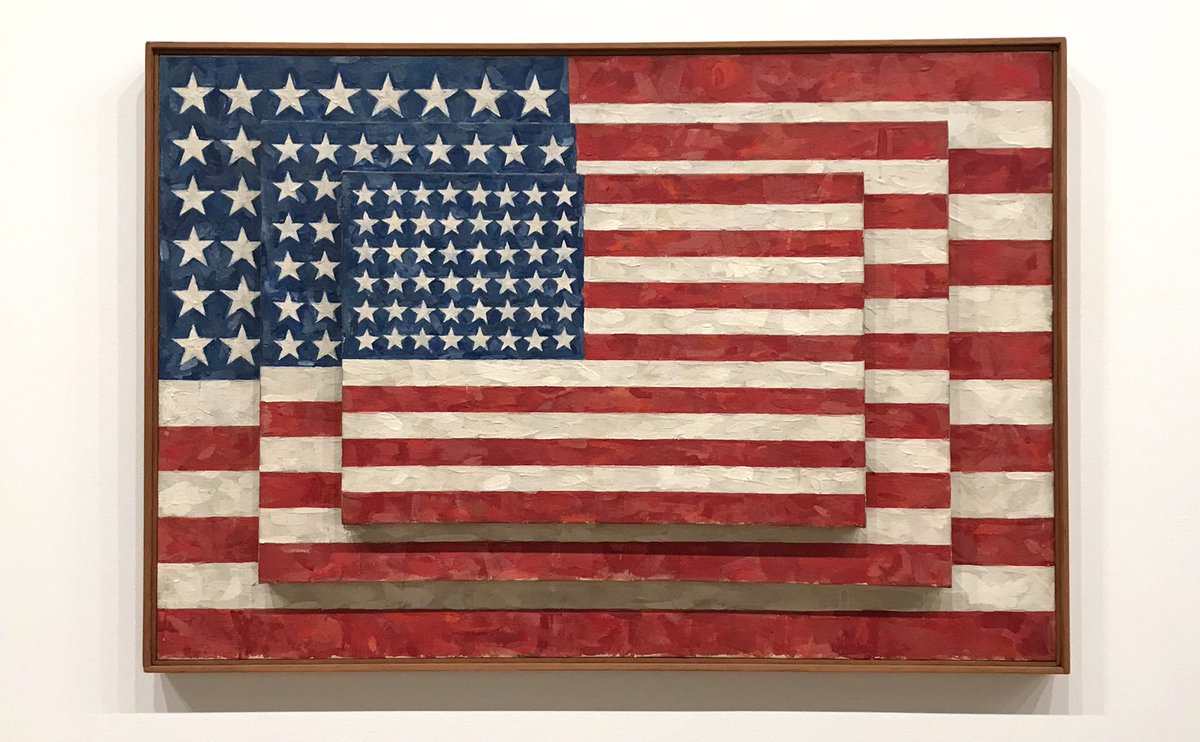 FarkasMatt's tweet photo. Jasper Johns on exuberant patriotism, blinding nationalism, or something else? at least the Whitney got a good deal back in ‘80. mega #jasperjohns retrospective @whitneymuseum #threeflags https://t.co/jK3QPRkIFt