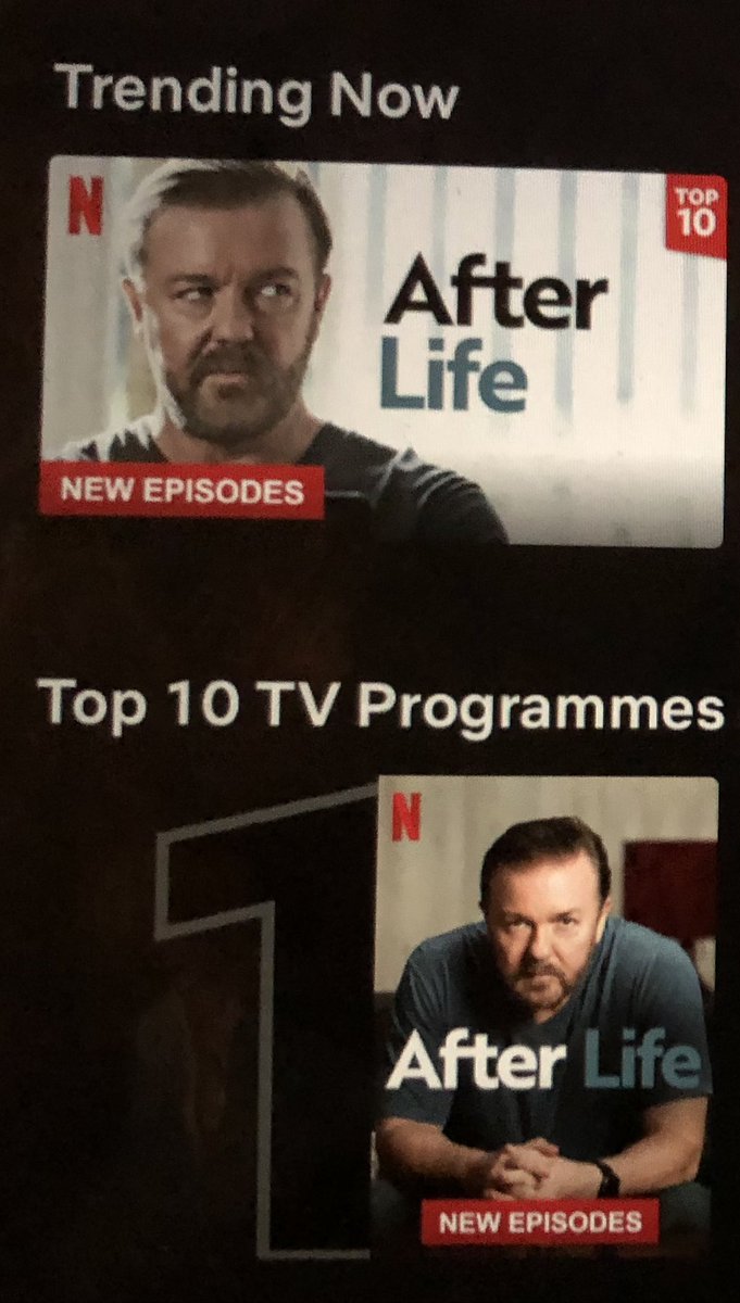 rickygervais's tweet image. #AfterLife3 is still the Number 1 programme on Netflix and trending worldwide. You are the best fans and I love you ❤️