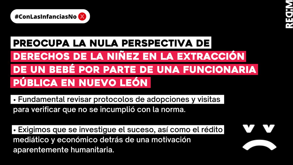 derechoinfancia's tweet photo. ⭕️ REDIM expresa profunda preocupación por la extracción de un niño de 5 años de edad realizada por una servidora pública, titular de la Oficina “AMAR a Nuevo León” y también esposa del Gobernador del estado, bajo el argumento de un permiso de convivencia
https://t.co/weGdhngWvM https://t.co/BFQJ4gyqfc