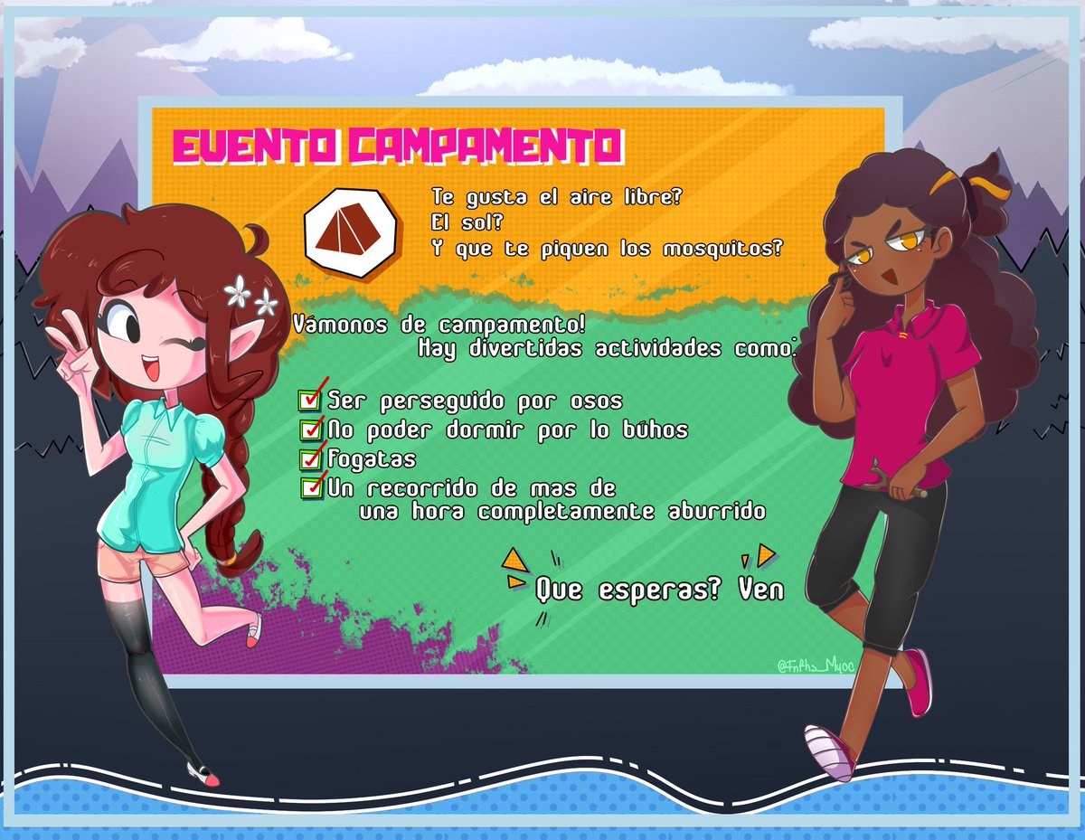 Fnfhs_MyOc's tweet photo. 🌲⛺SALUDOS CAMPISTAS⛺🌲

¡Se aproxima el viaje al campamento Funkin! 

¿estáis listos?

Prepara tus maletas, únete a nuestro server y disfruta con nosotros de experiencia llamada: 

✧*.ser comida de mosquitos *.✧
Link al server: https://t.co/WElJ4ODbfn
#FNFHS #FNFHSMyOc https://t.co/3FnZKKSjeP