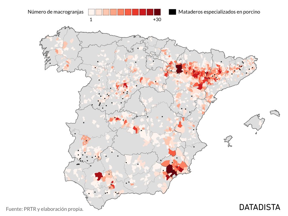 gerclouds's tweet image. Dos mapas: el uno, puntos calientes de emisión de amoníaco en la península ibérica. El otro, macrogranjas en España.