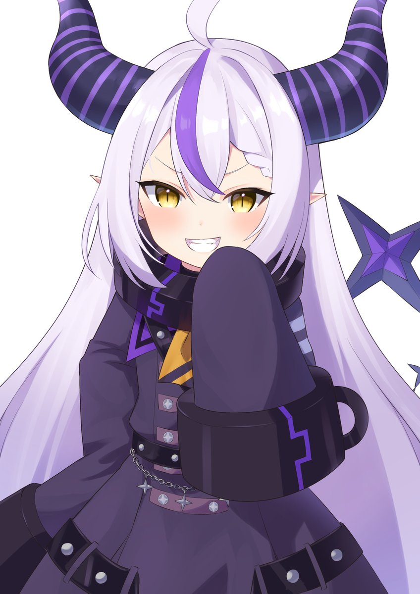 la+ darknesss 1girl horns solo purple hair long hair sleeves past wrists pointy ears  illustration images