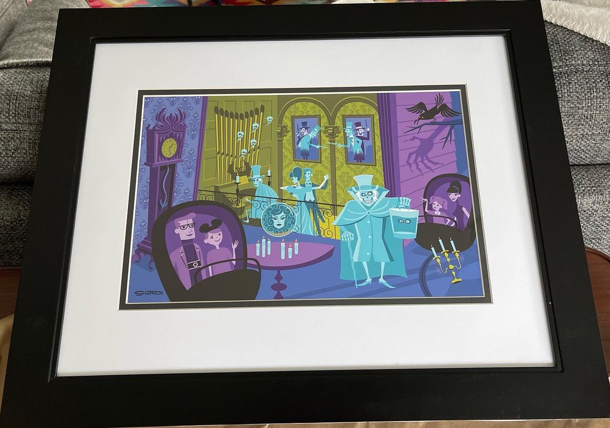 Finally got some of our Disney art framed. #Disneyland #elgatogomez #Shag #jerrodmaruyama #hauntedmansion #hatboxghost