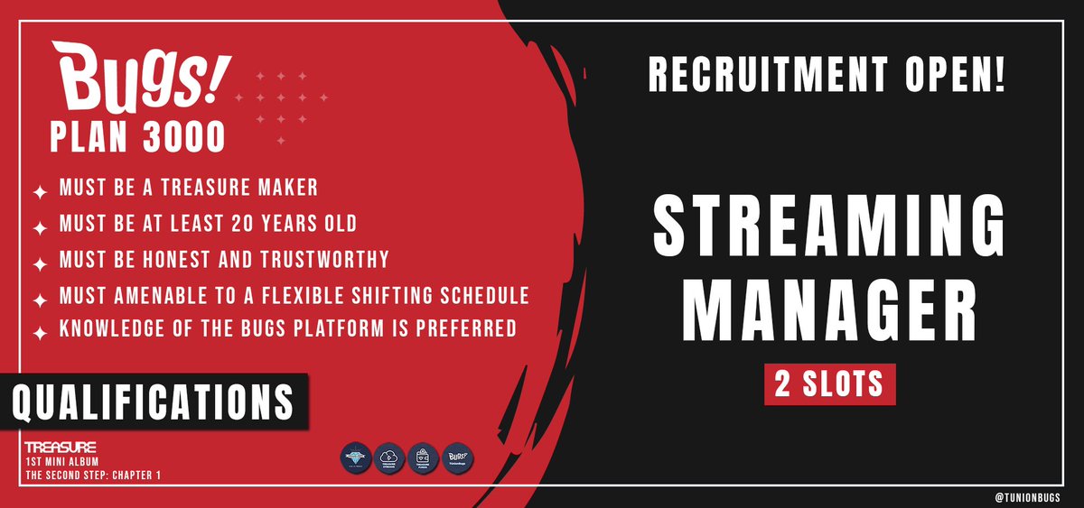 [OPEN RECRUITMENT]

We are inviting Treasure Makers to join our team and be our Bugs Manager! We are nearing the comeback and we need additional managers for BUGS project. 

Please check the poster below.
📝Sign up here: bit.ly/TUBugsManager

#THESECONDSTEP_CHAPTERONE