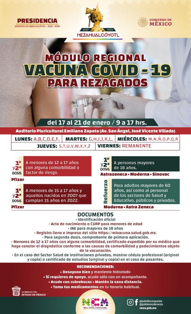 GobNeza's tweet photo. #IMPORTANTE I Todas y todos los 👉🏻REZAGADOS👈🏻 podrán vacunarse contra el COVID-19 de este lunes 17 y hasta el viernes 21 de enero, en el Auditorio Pluricultural, ubicado en Av. San Ángel y San Bartolo col. Vicente Villada de 9 a 17 hrs. https://t.co/yhbRAvJt6C