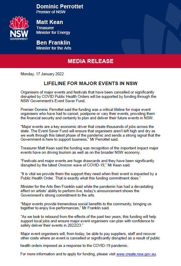 Dom_Perrottet's tweet photo. Media release: Organisers of major events and festivals that have been cancelled or significantly disrupted by COVID Public Health Orders will be supported by funding through the NSW Government’s Event Saver Fund. https://t.co/XU9sCntoHx