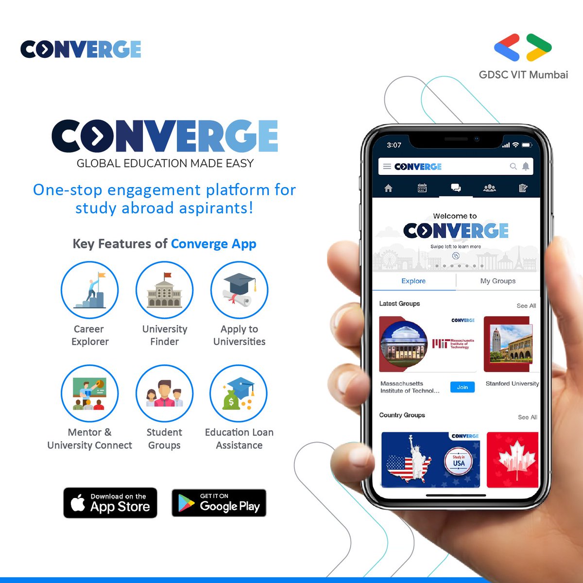 gdsc_vit's tweet photo. @collegepond is exhilarated to announce the launch of the long awaited Converge App, with salient features like the career explorer, university finder, mentor &amp; university connect, student groups, and education loan assistance.
One-stop destination for global education made easy! https://t.co/M5rQ1JRx96