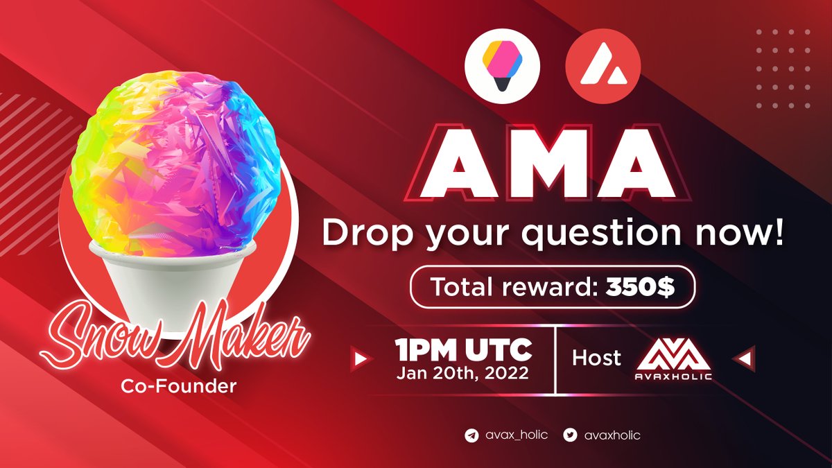 #AMArush: SnowCone x Avaxholic 
 
Learn more about @SnowConeDAO - a DAO creation platform for community owned projects built on the Avalanche Network by joining us at t.me/avaxholic_chat on Jan 20th, 1PM UTC 😉

🔺 Total Reward: 350$
🔺 Link form: forms.gle/C9JDMmLvtzDcC7…