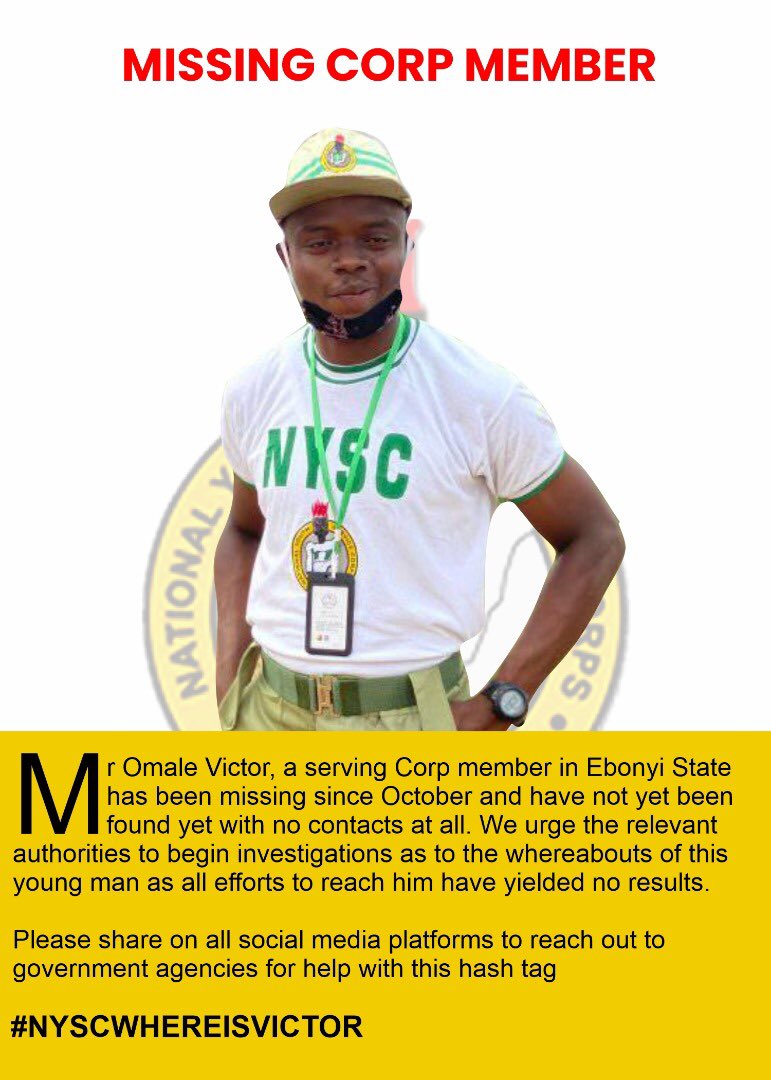 #NYSCWHEREISVICTOR <a href="/officialnyscng/">NYSC NDHQ</a> ,please help find him, it is 3 months plus already , help find my mate …
