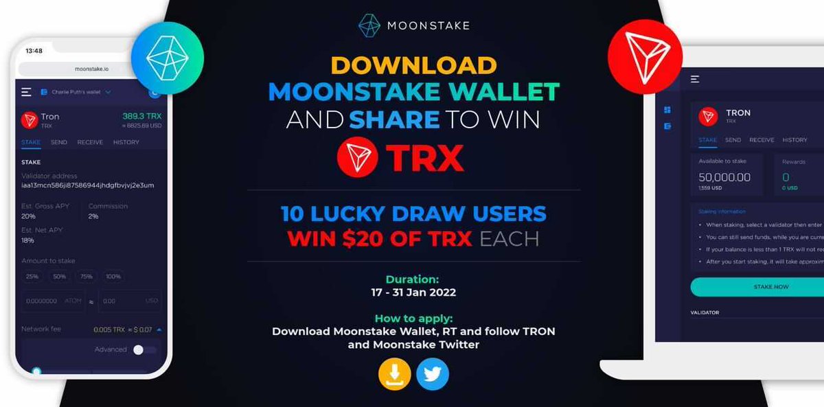 trondao's tweet photo. 🥳 $TRX rewards to #TRONICS !
✅During 17 to 31 Jan, download Moonstake Wallet + RT + follow @Moonstake &amp; us @trondao, to win 10 lucky draw prizes of total $200 $TRX! https://t.co/18PlbAXtPr