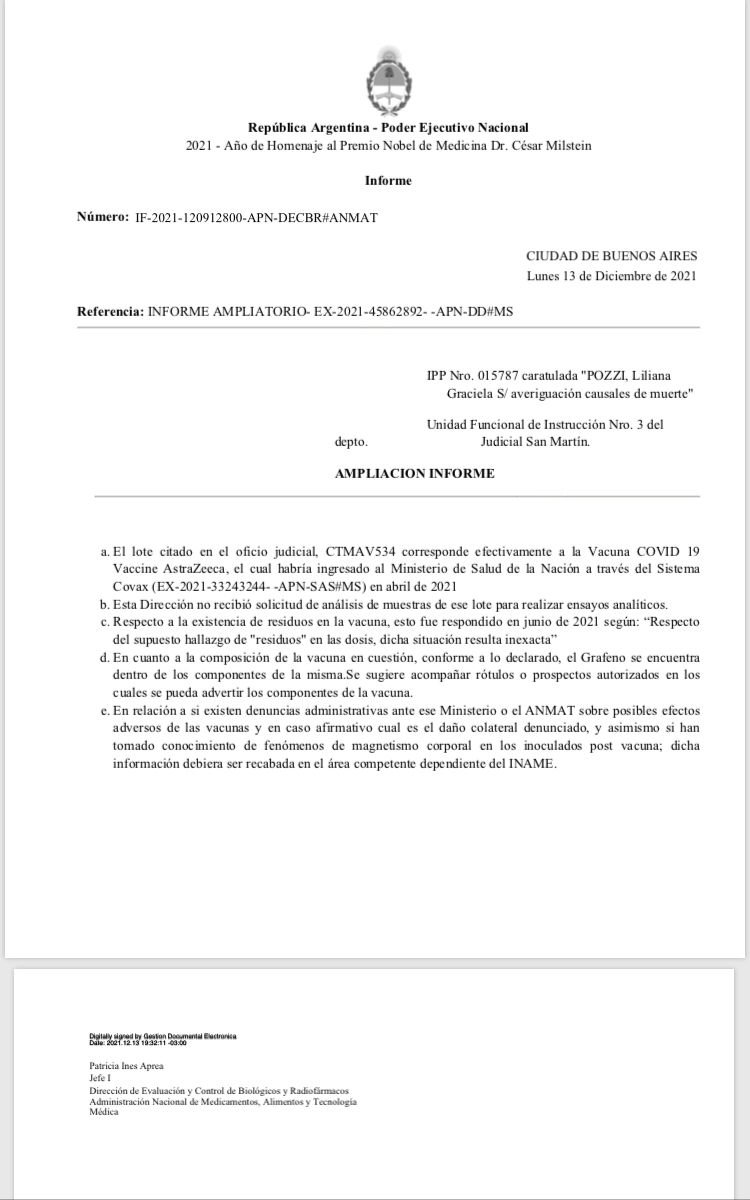 ANMAT-GRAFENO EN VACUNAS COVID:Acorde documento ANMAT Nº IF 2021 120912800 – APN – DECBR # ANMAT se encontró grafeno en un lote de vacunas AstraZeneca, averiguación por causa judicial IPP Nro. 015787 caratulada"POZZI, Liliana Graciela S/ averiguación causales de muerte" #COVID