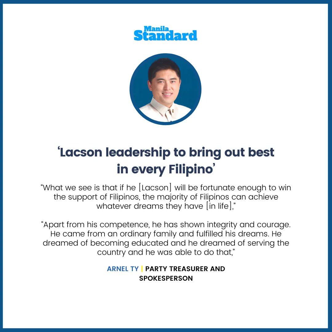 mnlstandardph's tweet photo. Ty said Partido Reporma chose to support and campaign for Lacson on his second presidential bid because of how he built a long and successful political career by simply relying on his own sets of skills and without losing his moral code.

Read it here: https://t.co/bNOfk9Isbj https://t.co/J8dgGoN79I