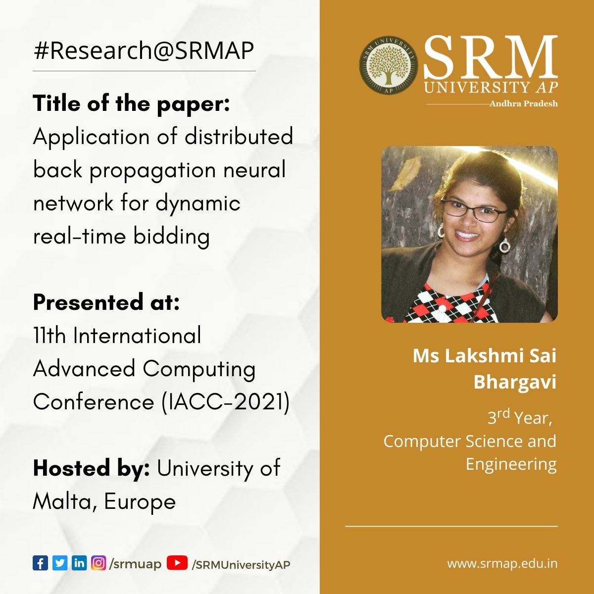 SRMUAP's tweet photo. Being a #researcher demands commitment, sustained effort, and a high level of inspiration.
Congratulations Ms Lakshmi Bhargavi !
#SRMAP #SRMUAP #ResearchAtSRMAP #CSE #AdvancedComputing #IACC https://t.co/tjgFGjNGG8