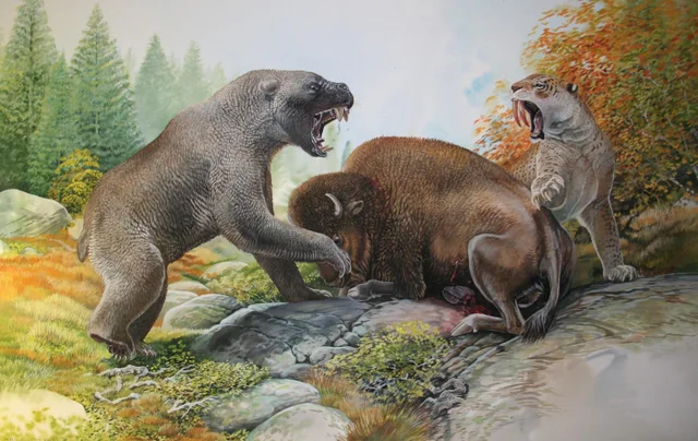 ryanpendzik2's tweet image. a short face bear stealing a carcass from a Smilodon