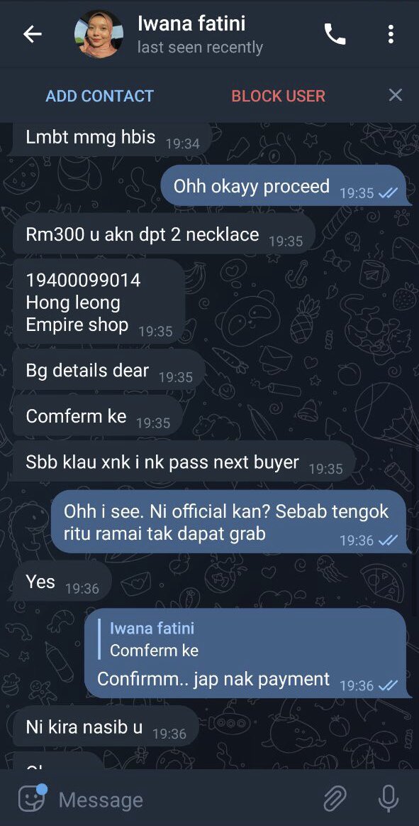 wanaftn's tweet photo. [SCAMMER🚨]

someone tried to pose as me on tele so i just wanted to clear my name in case ada anyone here yang terkena. semua dah kena block &amp; scammer kept on changing names, but the bank account being used was:

19400099014
Hong Leong
Empire Shop

@BTStrading_MY #pasarBTS https://t.co/kI9HFiudSV
