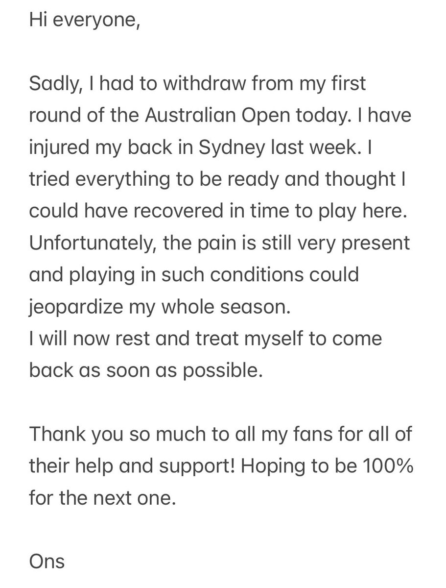 Calendrier Cngt 2023 Open D'australie - Jabeur, Forfait : "Je Me Suis Blessée Au Dos À Sydney"  #Ausopen #Ao2022 #Ons #Jabeur #Tunisia #Kontaveit - Tennisactu