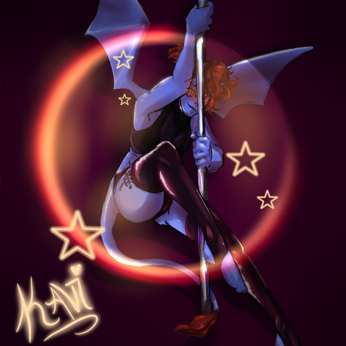 ViViaNSFW's tweet photo. Fun fact about Kavi! They have a dagger tattoo on their thigh that they can turn into an actual dagger! 
Oh? What did you think the fun fact was gonna be, hm? 😏😏 https://t.co/tMVnEsOvTo