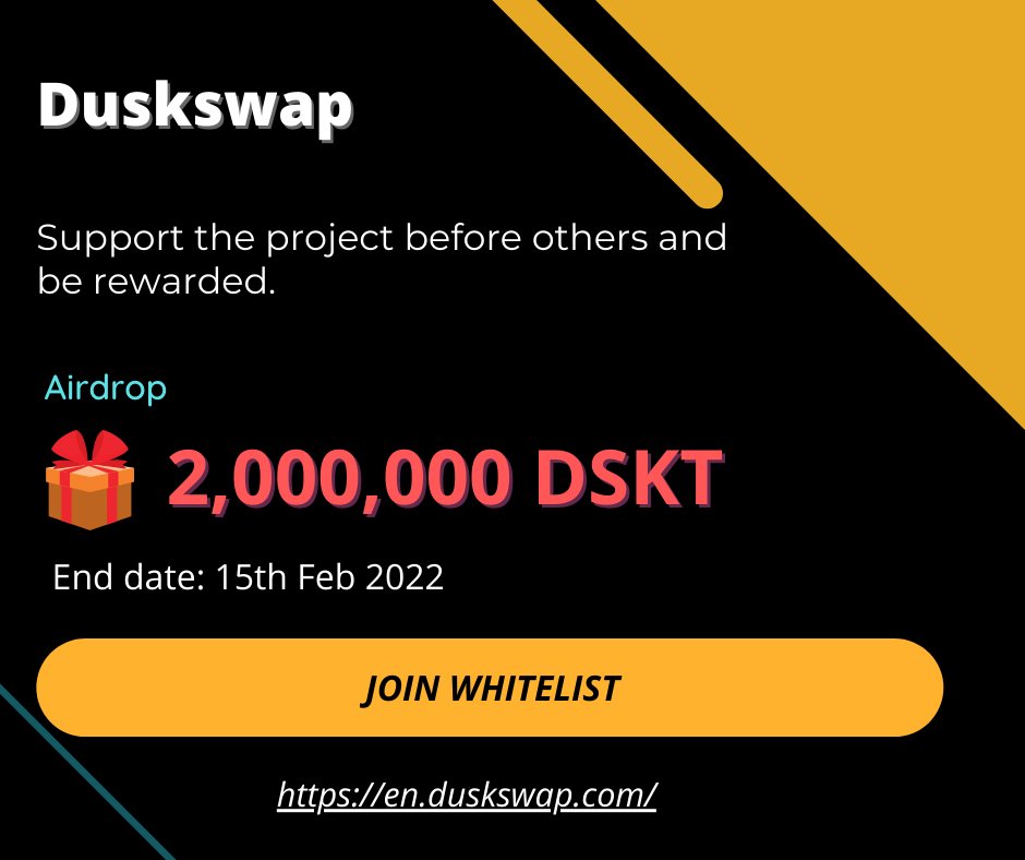 duskswap's tweet image. Airdrop Duskswap
Each member will receive 1000 DSKT 

To participate?

1. Fill this form: bit.ly/3GzxHS4
2. Follow us @duskswap 
3. Like &amp;amp; Retweet 
4. Subscribe to our Facebook page bit.ly/3qwA1DV

#duskswap #cryptocurrency #Airdrops