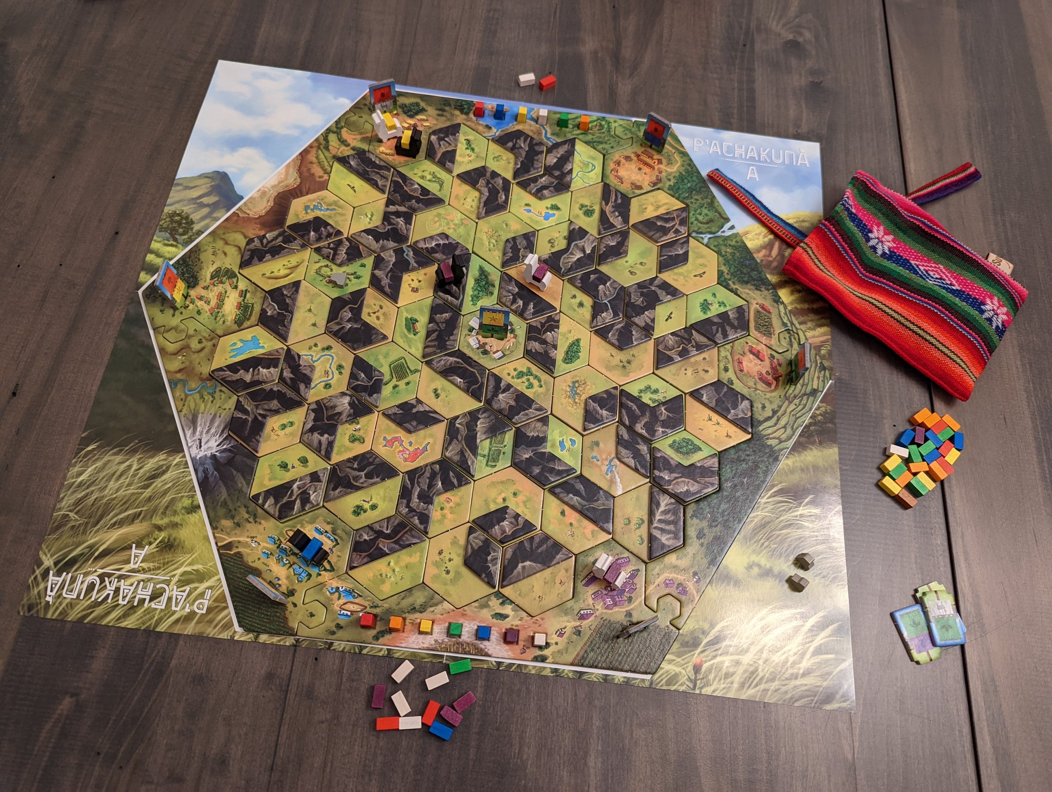Clara Sia on Twitter: "P'achakuna from @Treecer_atops is an adorable  2-player game where you travel either valleys or mountains to trade dyes  via llamas, rotating map pieces each turn. Only two pages