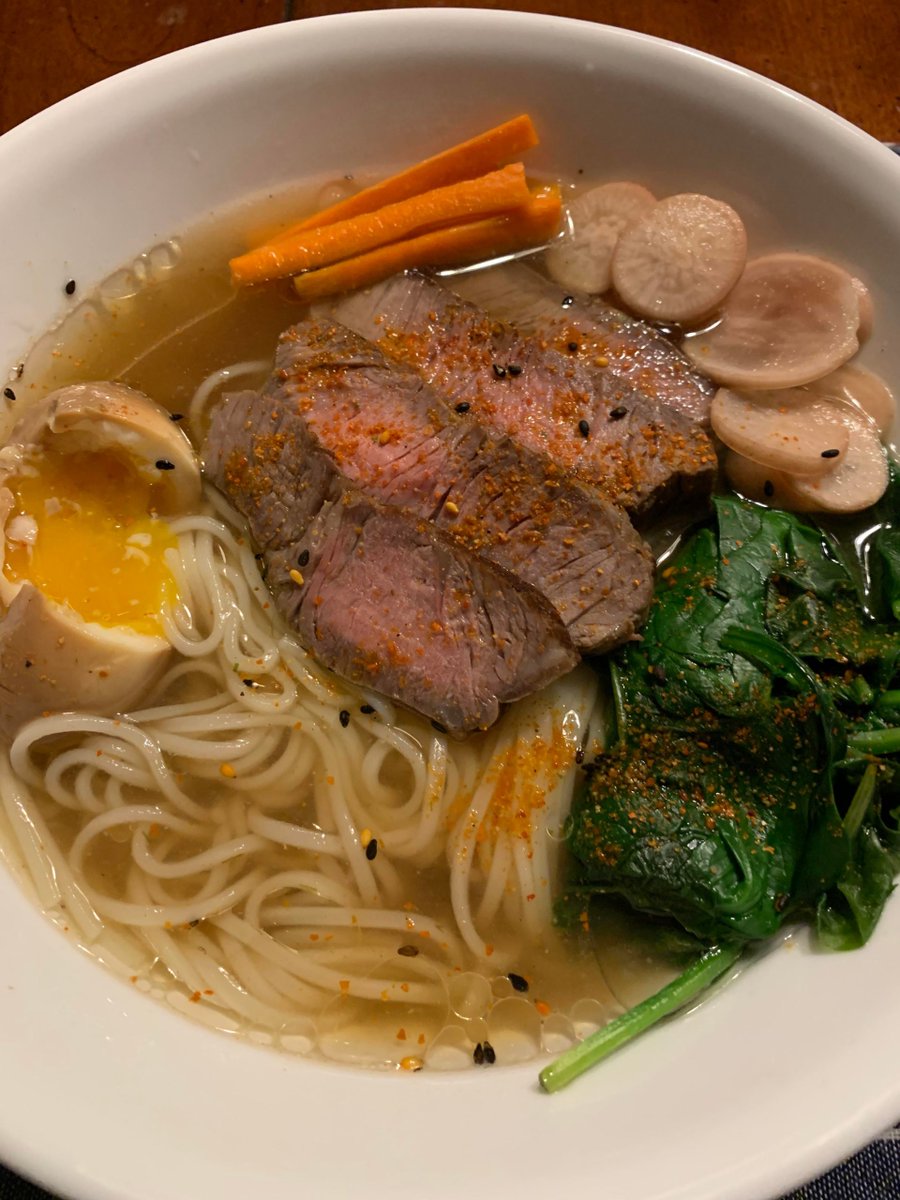 Leftovers tonight. Thawed some duck stock, mushroom kombu dashi, blanched spinach, and some pick