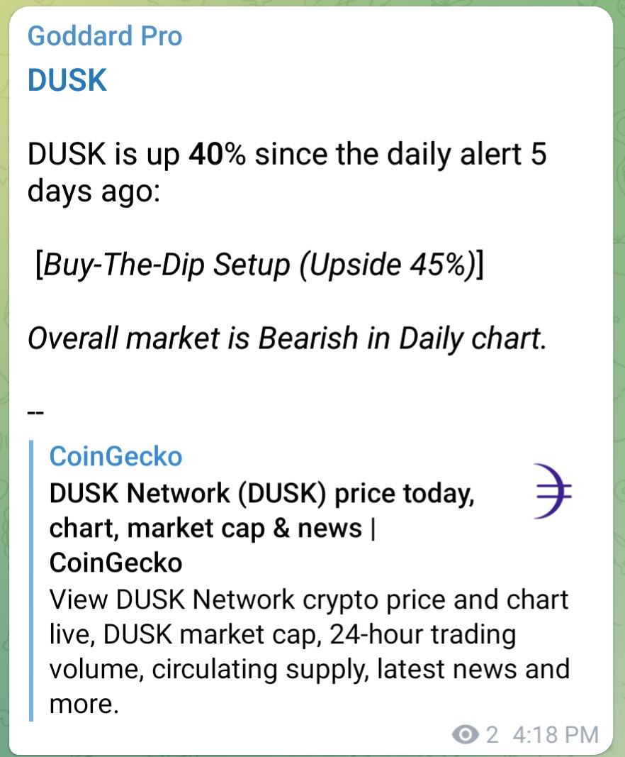 goddard_ai's tweet photo. $DUSK is up 40% since Goddard detected:

Buy-The-Dip Setup (Potential Upside 45%)

In the Daily Chart 5 days ago.

--
Get Smart Market Insights Delivered for FREE with https://t.co/Ni1bKFn31r - Your Ultimate Crypto Trading Companion. #Bitcoin #Ethereum #cryptocurrency #trading https://t.co/MWX6h5Ue9Y