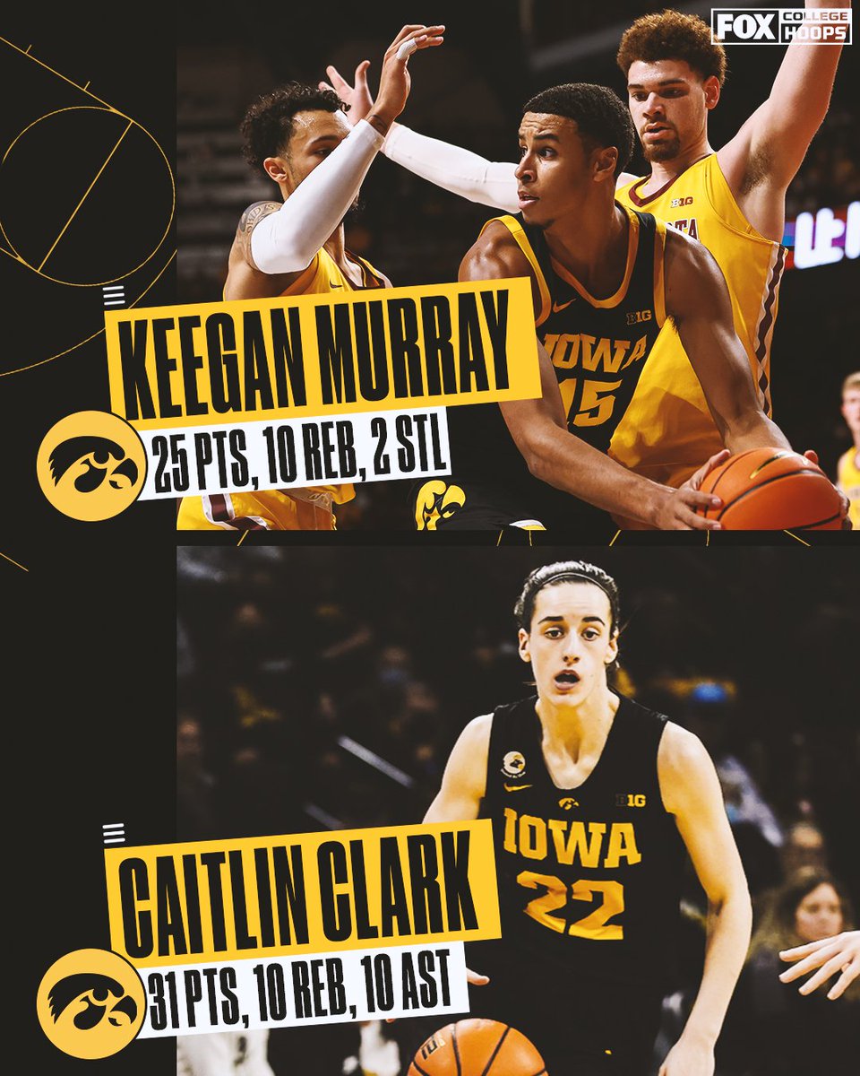 CBBonFOX's tweet photo. The nation's leading scorers did what they do best 🔥

@IowaHoops and @IowaWBB both picked up wins today thanks in part to elite performances from @keegan3murray and @CaitlinClark22 😤 https://t.co/zysPvwWQmc