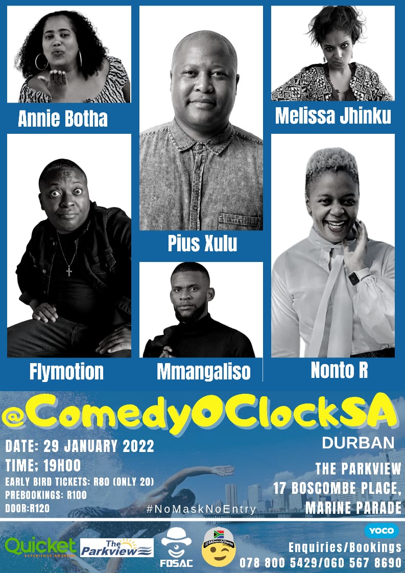 UkhambaBComedy's tweet photo. #Durban let's start the year off with some much deserved #laughter. Spread the word &amp; come through 😷

@QuicketSA 🎟 link: https://t.co/PFkyVy5Nr2
@Yoco_ZA 🎟 link: https://t.co/kbn0TlpWxh

#ComedyOClockSA #Comedy #StandUpComedy #DBNlol
@SAComedyShares @ComedyOClockSA https://t.co/RE7tJ2AOHx