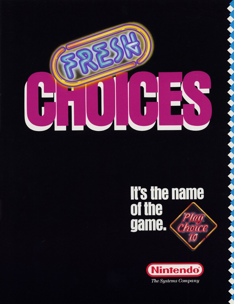 jcmartinezm82's tweet photo. #Nintendo PlayChoice-10 "Fresh Choices" - Ad Flyer (1988)

#RetroGaming #RetroGames #RetroGamer #PlayChoice10 https://t.co/bjNDQE5dIb