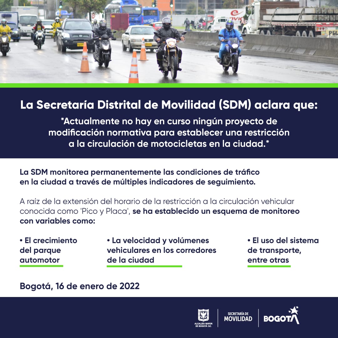 🔴Aclaramos que a la fecha NO hay en curso ningún proyecto de modificación normativa para establecer una restricción de Pico y Placa para motocicletas en Bogotá.
