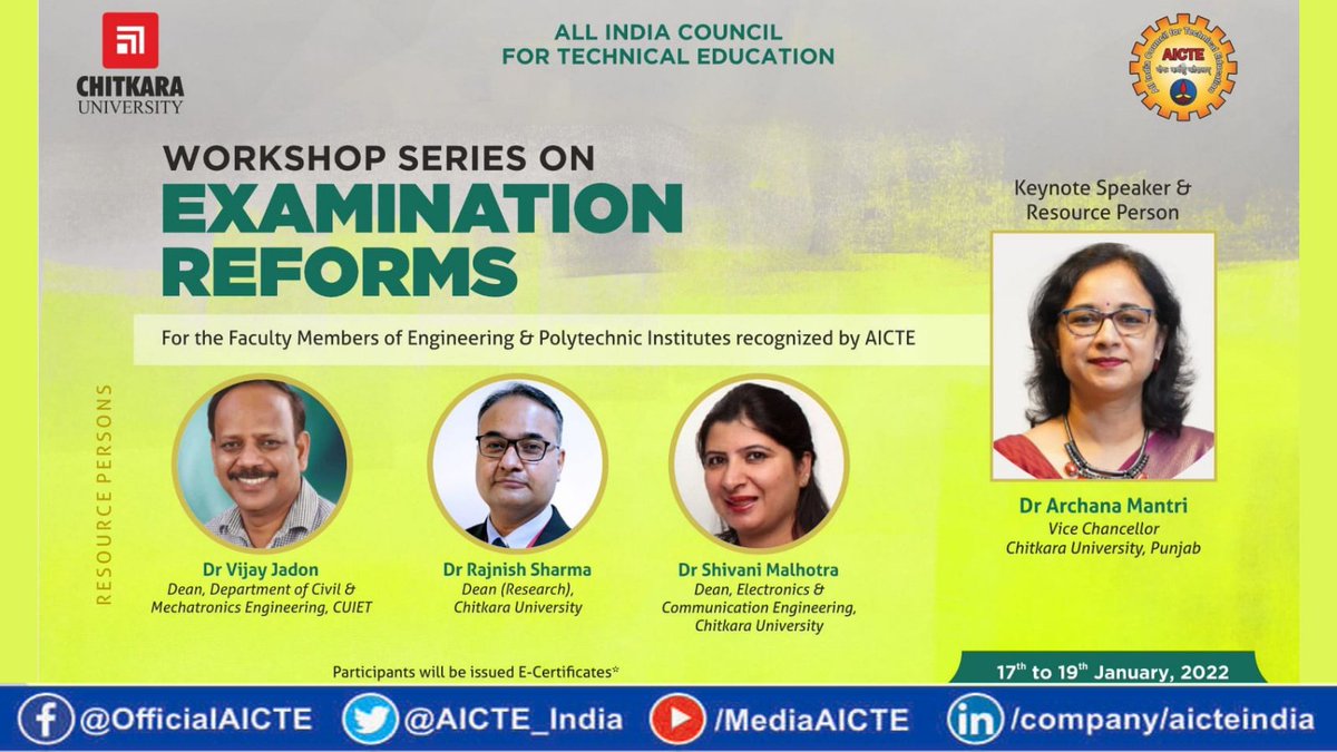 AICTE_INDIA's tweet photo. #AICTEdge 

#Workshop on #ExaminationReforms for #faculty members of #Engineering &amp; #Polytechnic institutes recognized by #AICTE in #Gujarat, #Jharkhand &amp; #Chhattisgarh.

#LIVE on 17- 19 Jan,2022 from 10:30am onwards at https://t.co/nDDTkIMZir

@PIBAhmedabad @RanchiPIB @PIBRaipur https://t.co/9vrOOqKPht