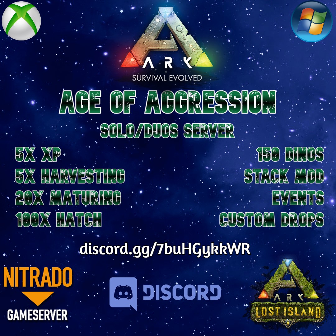 CloudedVII's tweet photo. "Age of Aggression" Solo/Duos Cluster, Win10/Xbox -Pre Gen. 5 Map #Cluster.
Two new Maps released last Friday (The Center &amp; Abb) 
Currently hosting LI, The Island &amp; Ragnarök.
 https://t.co/uw14veNp3q #Ark #dedicatedserver #pcunofficial #nitrado #pvp https://t.co/QGqV8mH62W