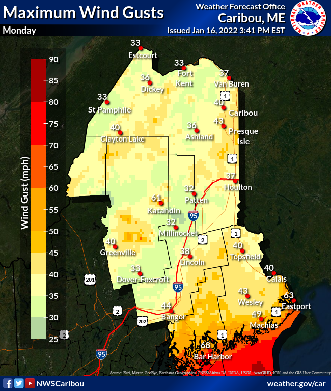 NWSCaribou's tweet photo. Expected maximum wind gusts Monday.#MExw https://t.co/7yJr65U0z2