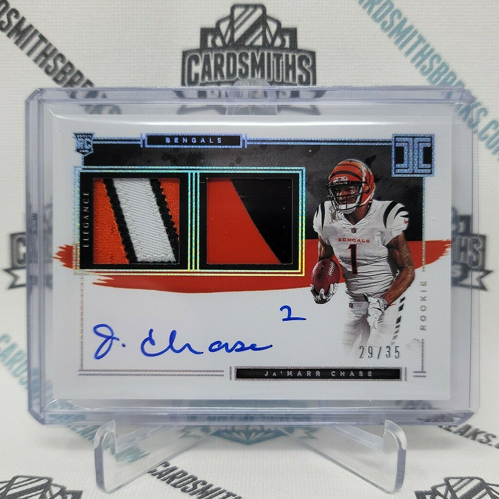 cardsmithsbreak's tweet photo. Ja'Marr Chase Rookie Patch Autograph #/35 from 2021 Panini Impeccable Football! #csbheat #paniniamerica #impeccablefootball #footballcards #tradingcards #sportscards #jamarrchase #cincinnatibengals #bengalsfootball #groupbreaks https://t.co/W9U9bB3NPI https://t.co/JilTuVpcVy
