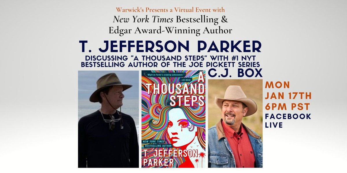 TJParkerauthor's tweet photo. Looking forward to conversing with my good friend, @cjboxauthor, Monday, Jan 17th at 6:00PM (Pacific) at @warwicksbooks! https://t.co/fAdhvEhTW5