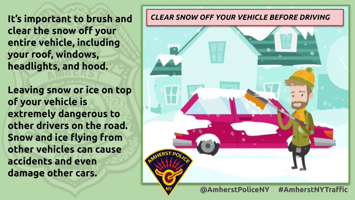 amherstpoliceny's tweet photo. [AMHERST POLICE, NY] ❄️❄️ With snow predicted for the tomorrow morning drive to work, we want to remind everyone to clear snow off your vehicle before heading out on the roads. 

#AMHSnow
#DriveSafe https://t.co/7XdkCOAvsK