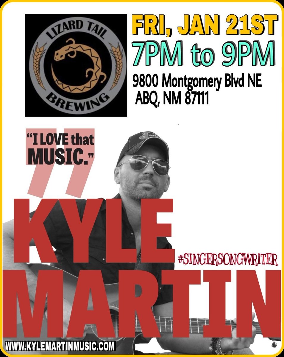 KyleMartinABQ's tweet photo. KYLE MARTIN: LIVE 🎶
Lizard Tail Brewing 🦎 Heights ⛰ 
☆☆☆☆☆☆☆☆☆☆☆
Fri, Jan 21st 7PM 🎙
#SINGERSONGWRITER  @KyleMartinABQ 
#kylemartin #livemusic #acoustic #guitar #outlawcountry #rocknroll #singersongwriter #singersongwriter #live #music #livelongandprosper https://t.co/BZ2qvK4HQj