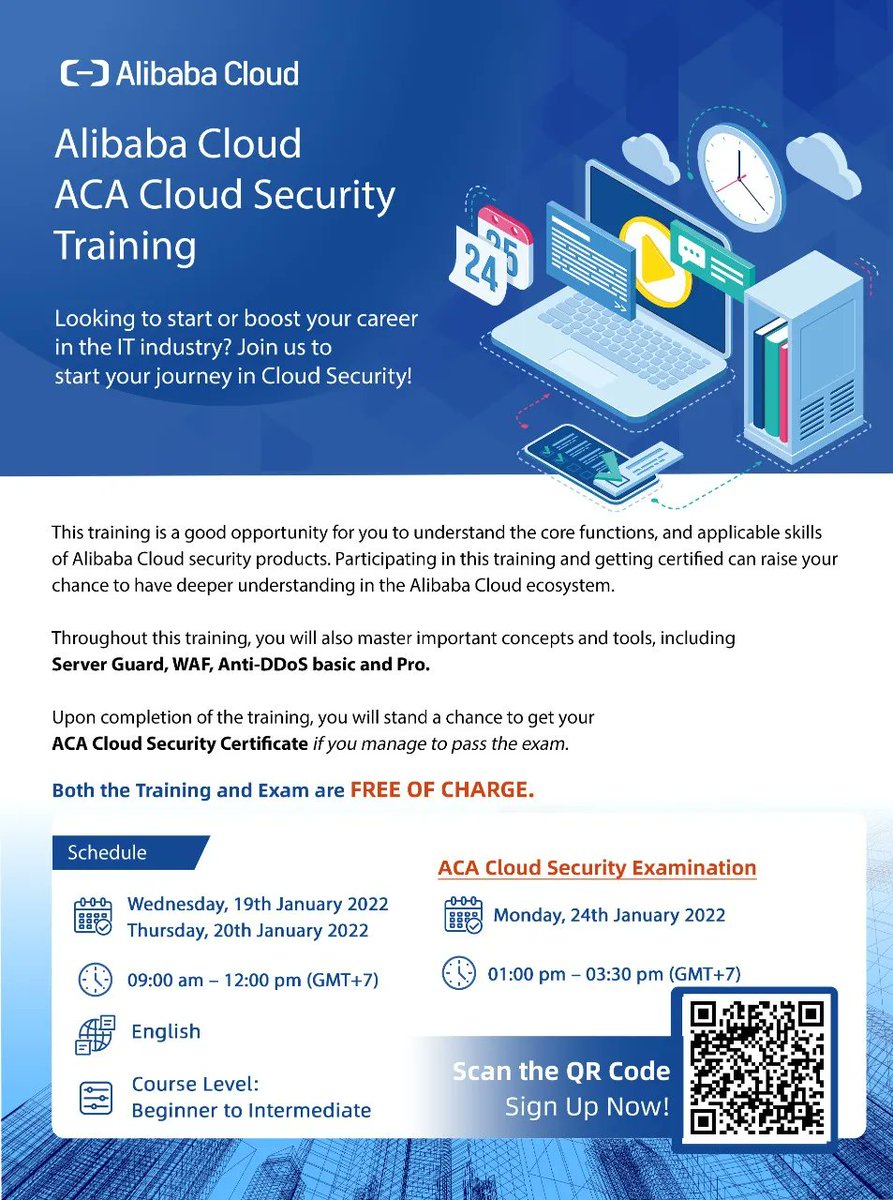 bluepowerid's tweet photo. Hai sobat BPT,
Yuk ikutan Alibaba Cloud ACA Cloud Security Training.
Training ini akan dilakanakan pada:
19-20 Januari 2022 Jam 09.00-12.00 Waktu Indonesia Barat.
Training ini Gratis lho, so tunggu apa lagi untuk ikutan!
Scan QR yang ada pada gambar ya untuk mendaftar. https://t.co/GCabckJMZD