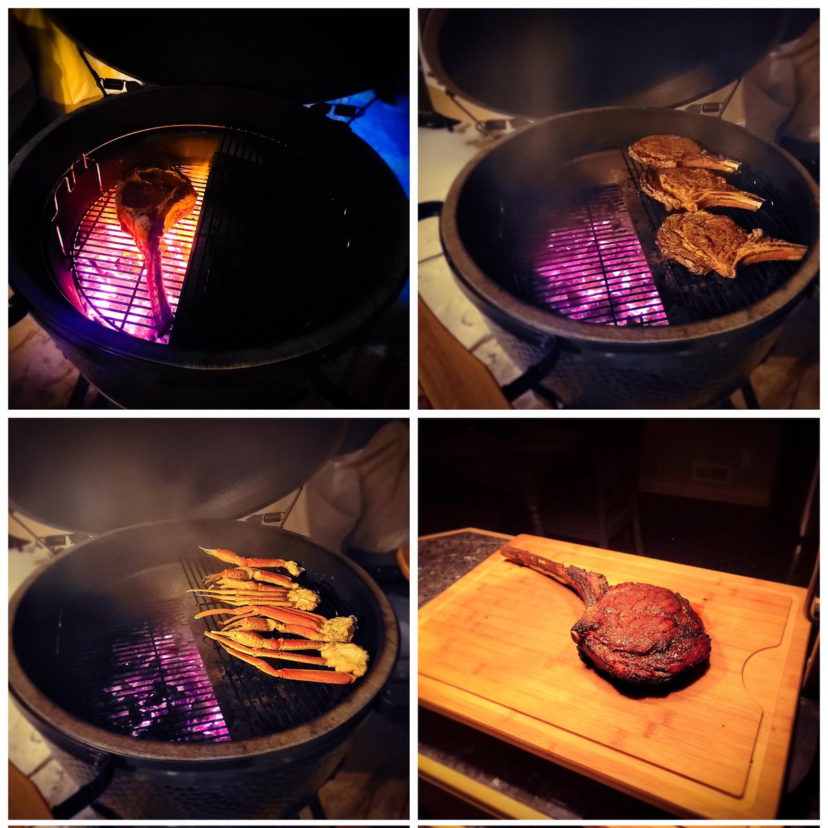 Ribeyes (including a 3.5 lb Tomahawk cooked cowboy style) and crab leg clusters on the #BGE for dinner. Can't beat a solid two-zone <a href="/bbcharcoal/">B&B Charcoal</a> oak lump fire! 🔥🥩🦀🍽