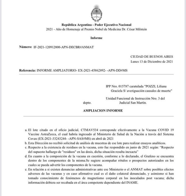 JulioRazona's tweet photo. La "confesión" de ANMAT obliga a todo Fiscal de la República a CLAUSURAR todos los vacunatorios de la Argentina y a tratar a los vacunados para paliar el daño que ha provocado o provocará el GRAFENO dentro de su cuerpo. Mas allá de las denuncias que formularemos los particulares. https://t.co/c51f3vjuQJ