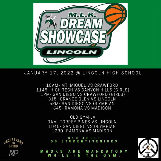 Schedule for Day 2️⃣ of the <a href="/CoachEqualitySD/">Coaches for Racial Equality SD</a> &amp; Understand the Grind MLK Dream Showcase. Looking forward to bringing the county together for a competitive day of basketball. 

Come check it out. We will see you there!!