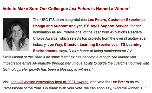 JosiahWay's tweet photo. Why I love working for @USCITServices/@USC? 'Cuz of how we invest-in & support our team... Yes, @NiceOneLex was this week's #TrojanMoment! Now go #VoteForLex for @AVNationTV AV Pro of the Year & the USC Classroom Upgrade for Project of the Year: https://t.co/OWeFwQIAfW #AVTweeps https://t.co/okROwFWXfe