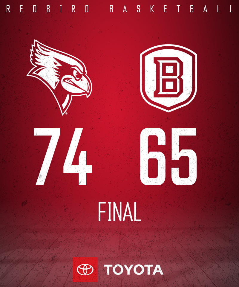 Redbird_MBB's tweet photo. That's a final score update presented by @Toyota 

#REDBIRDhoops overcomes a 20-point first-half deficit, second-largest comeback in school history, and wins its third straight over Bradley! https://t.co/JCrXZu3KnZ