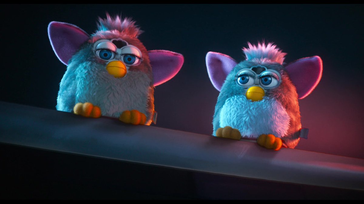 mlasker's tweet photo. Holy Furbys! First, our modeling team at Imageworks built  a regular sized Furby that we then painted texture variations for. Next, we built a massive one and re-groomed its fur so it's movement and scale felt convincingly huge. #TheMitchellsVsTheMachines #Netflix #animation #art https://t.co/PVmnh0fyAA