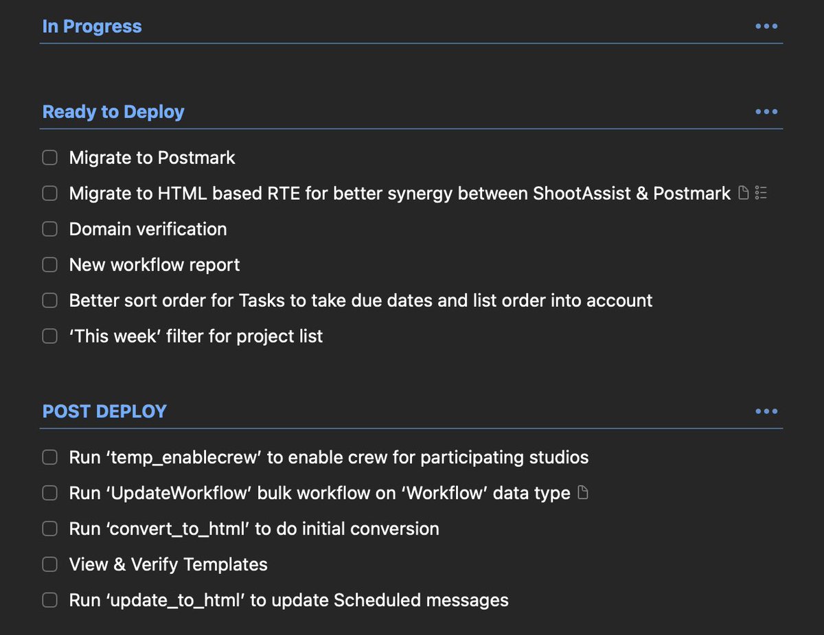 Andrew_Vernon's tweet photo. One thing I’ve found really useful is to take notes as I build about what I’m building, what’s ready to go and what I might need to run or do right after deploying. Helps me make sure I cover everything in my release notes and stay on top of the details. #nocodenerd https://t.co/97fQhnX4Nw
