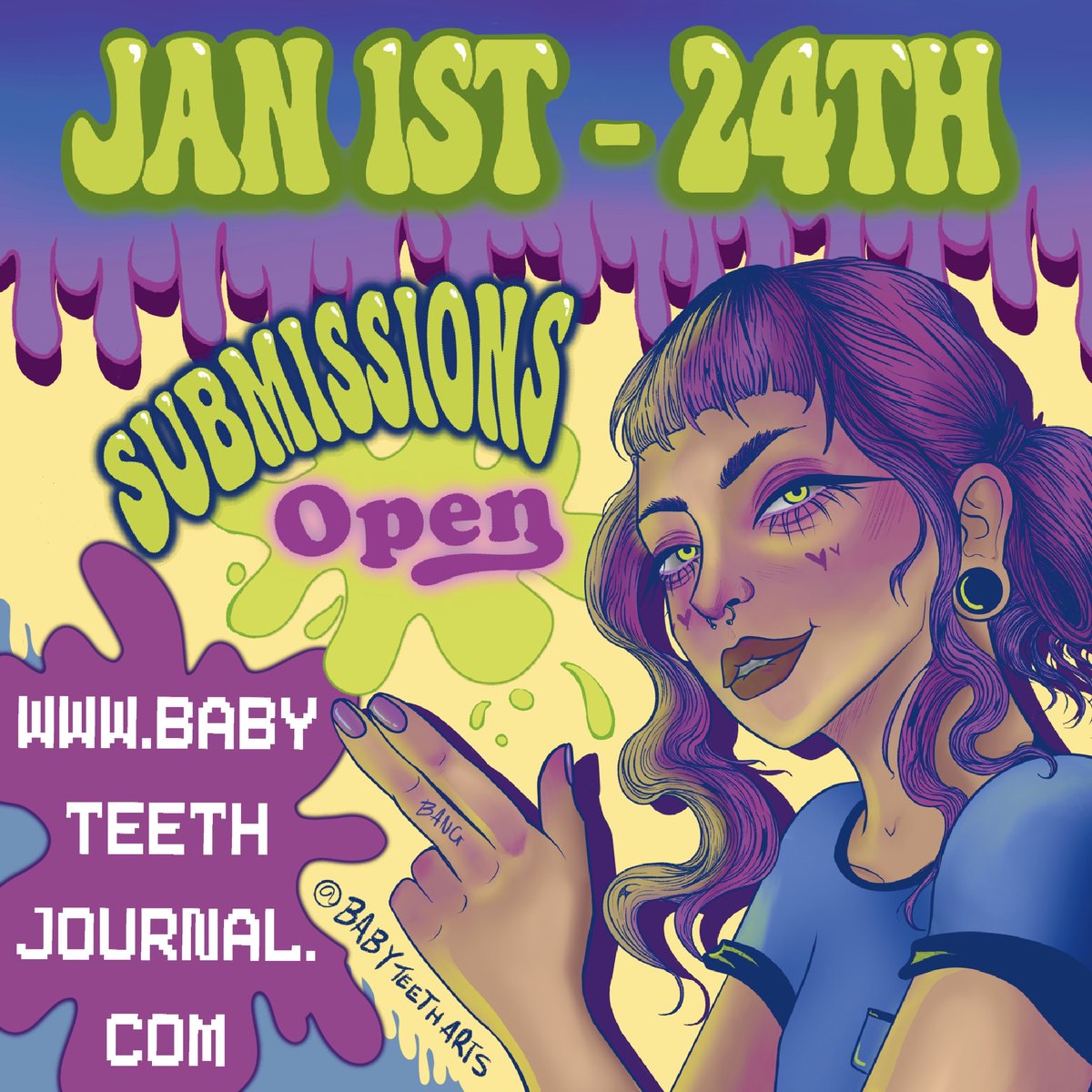 BabyTeethArts's tweet photo. Our submissions close in one week, which isn't all that long folks so get your skates on and hit up the guidelines:
https://t.co/EzL2QqH8Hw
Poster Artist: Ava Marinos
#IndiePublishing #OpenSubmissions #EmergingArtists #QueerCreators #CallforArt #CallForWriting #SendArt https://t.co/5VvR7xXN5l