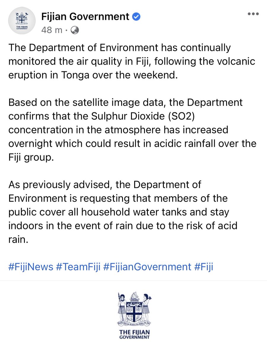 The Fijian Government has advised the general public against the risk of acid rain, two days after the volcanic activity in Tonga 🇹🇴.