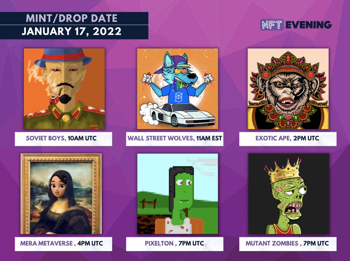 Eveningtraders's tweet photo. Upcoming NFT drops today: January 17th, 2022

🚬 @LabsAspen 
🐺 @WallStWolvesNFT 
🐒 @ExoticApe
👧 @merainvest
👾 @PixeltonNFT
🧠 @mutant_zombies 

#NFT #NFTCommunity https://t.co/fBpEJUi19D
