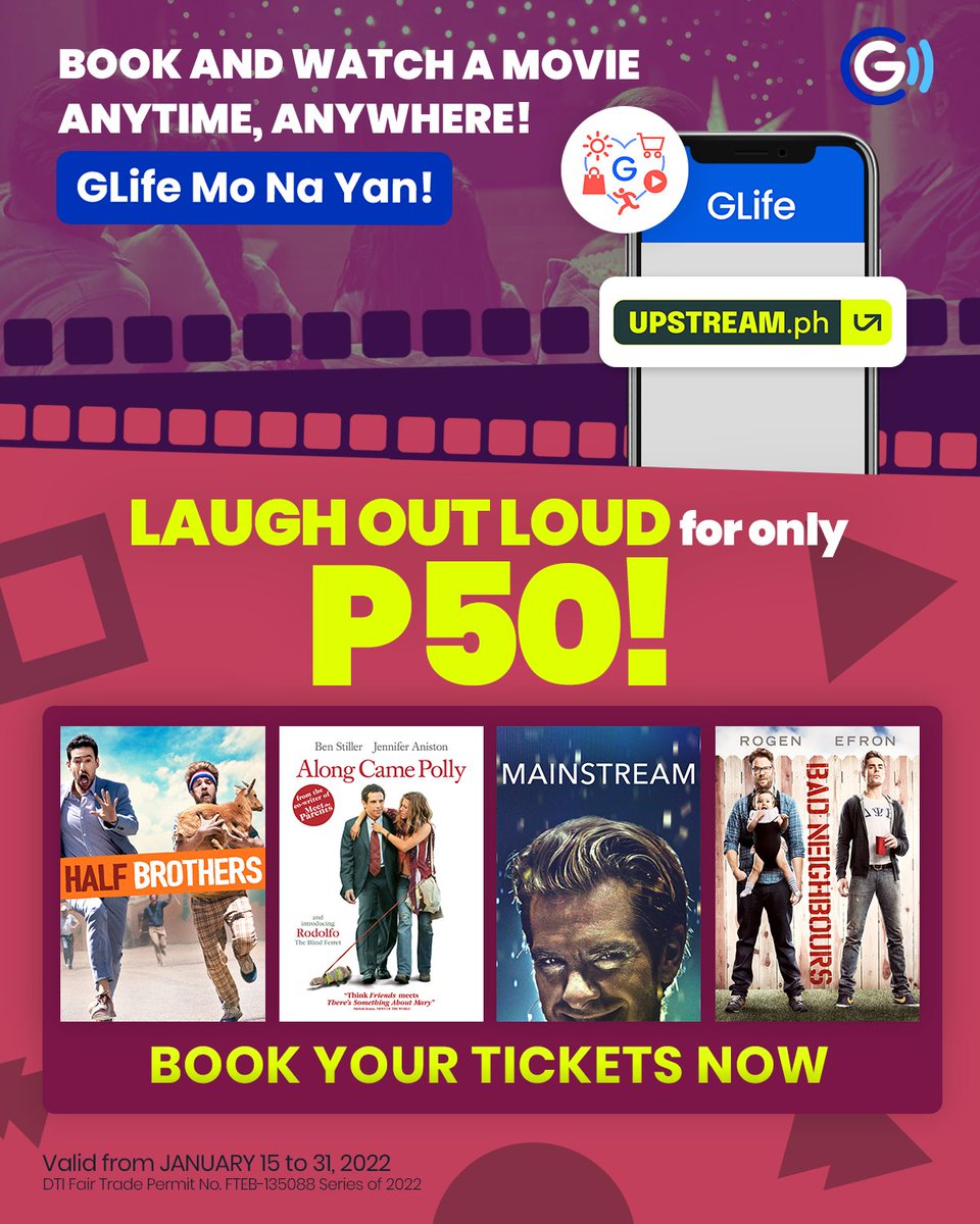 UPSTREAMph's tweet photo. Laugh Out Loud for only P50.
Watch the movies Half Brothers, Along Came Polly, Mainstream and Bad Neighbors n the Upstream app in GCash by clicking here: https://t.co/UCfrp0smER
Offer is valid from January 15 – 31, 2022 only.
#Upstreamph #Upstreamdeals https://t.co/L6jVCBz4xO