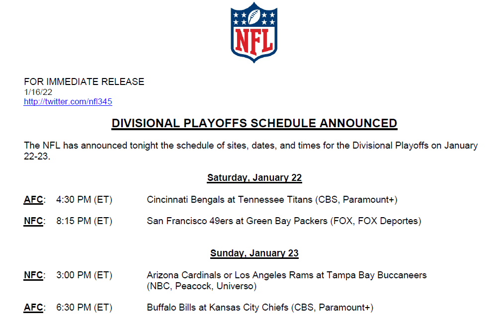 NFL345's tweet photo. Divisional Playoffs Schedule Announced: https://t.co/Se2tdeO5jV https://t.co/KIf4TuH2Y1